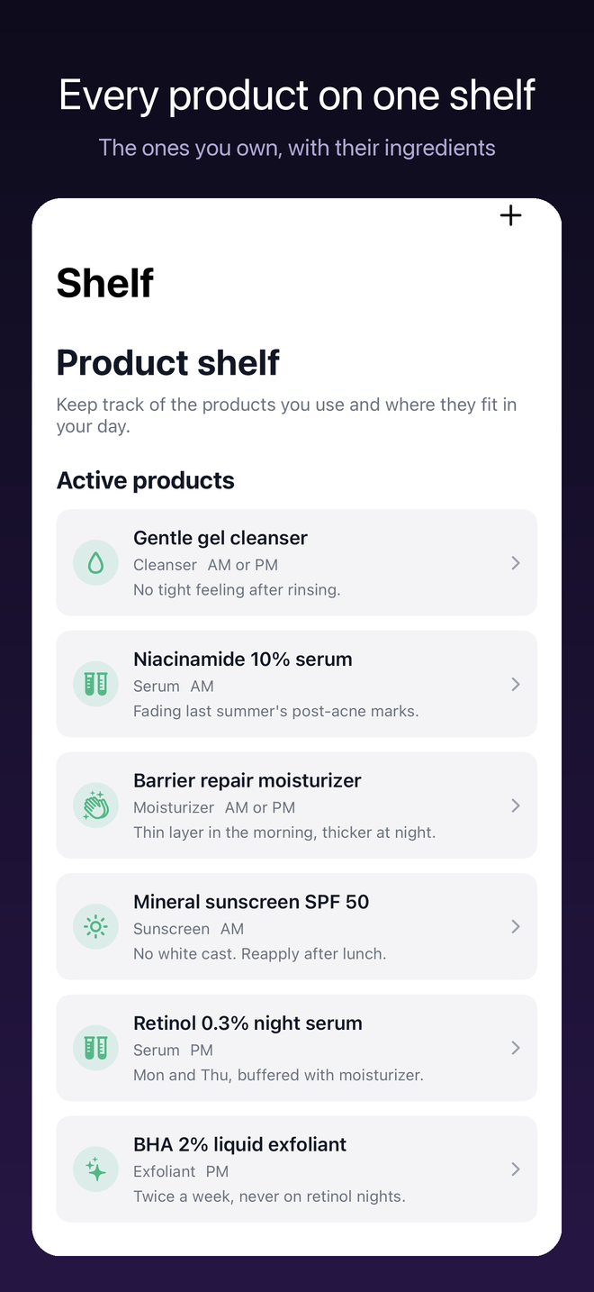 Product shelf listing owned products with their ingredients and when they are used