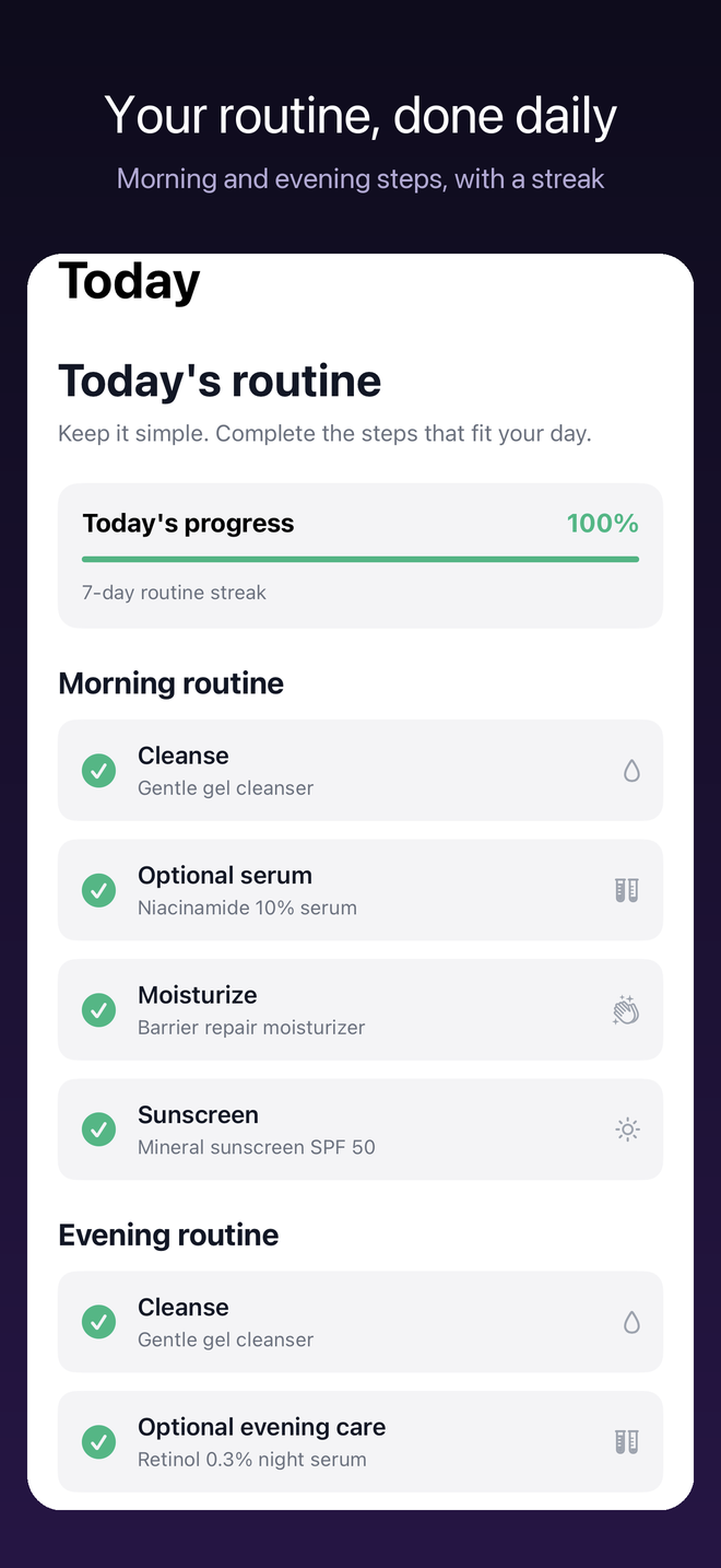 Today's routine with morning and evening steps completed and a seven-day streak