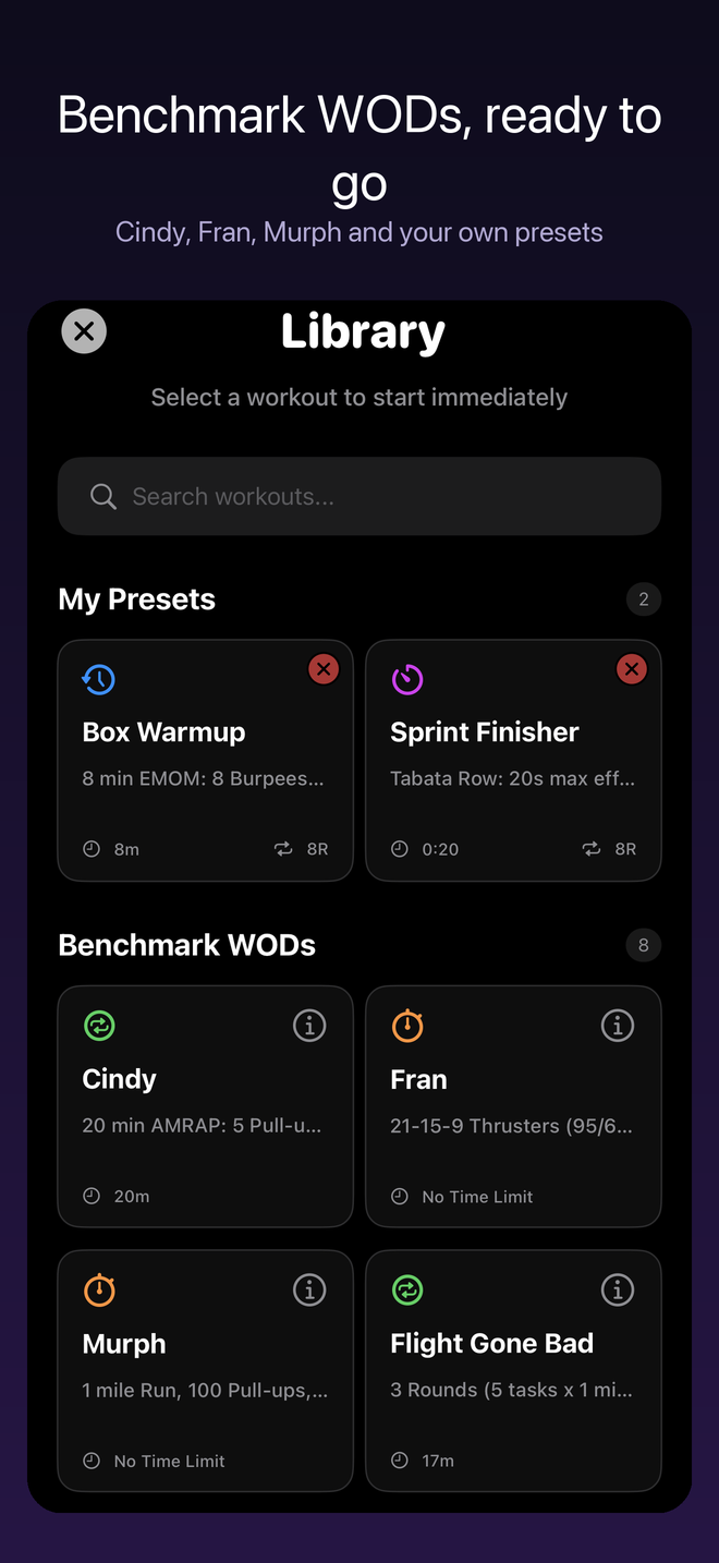 Preset library listing benchmark WODs including Cindy, Fran and Murph