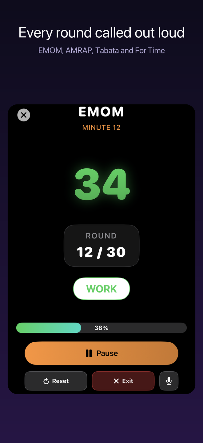 A live EMOM session at minute 12 of 30, showing the work phase and round counter