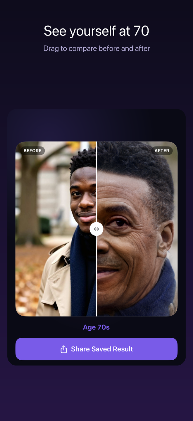 Before and after comparison slider showing the same face at 70