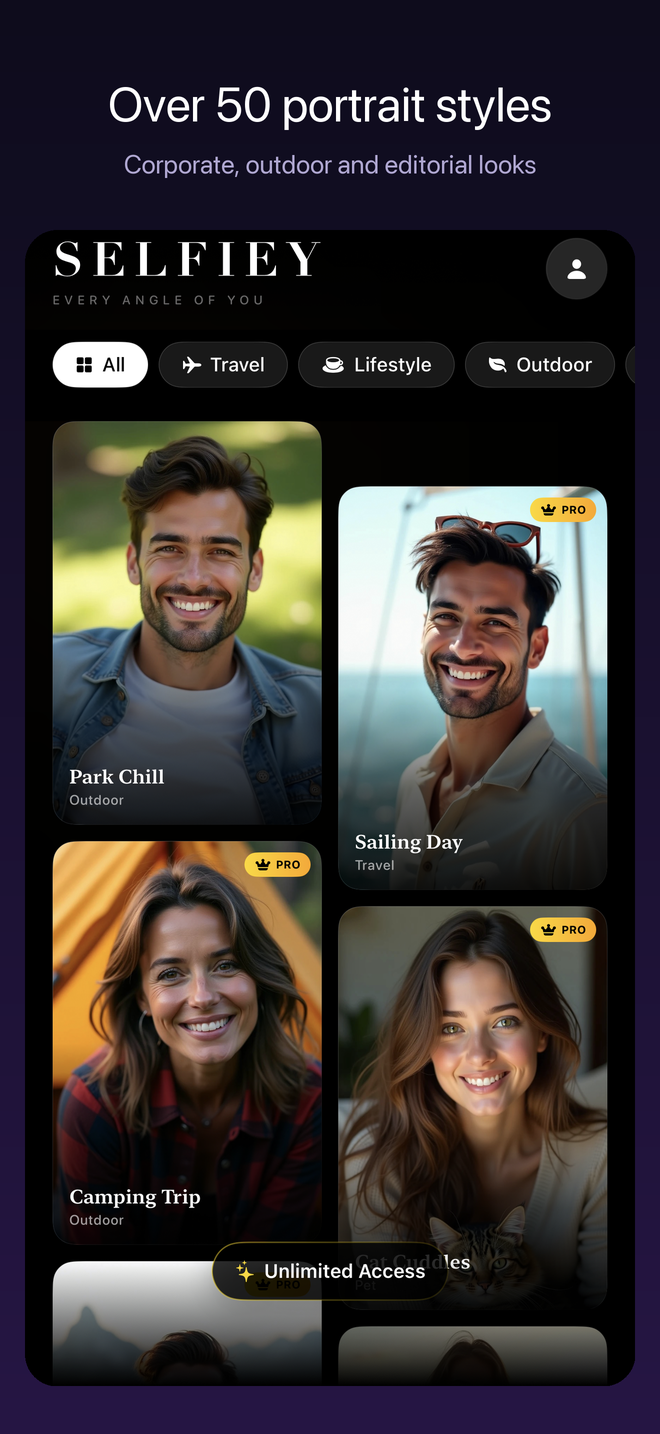 Style gallery showing generated portraits in corporate, travel and outdoor looks